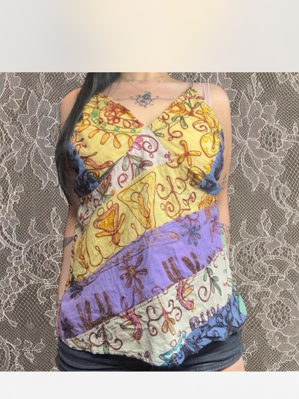 Blue Sky Patchwork V-Neck Cami Top in Yellow & Purple